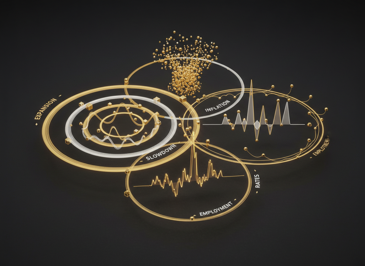 Business-cycle visualization with growth, inflation, rates and employment nodes in gold on dark background