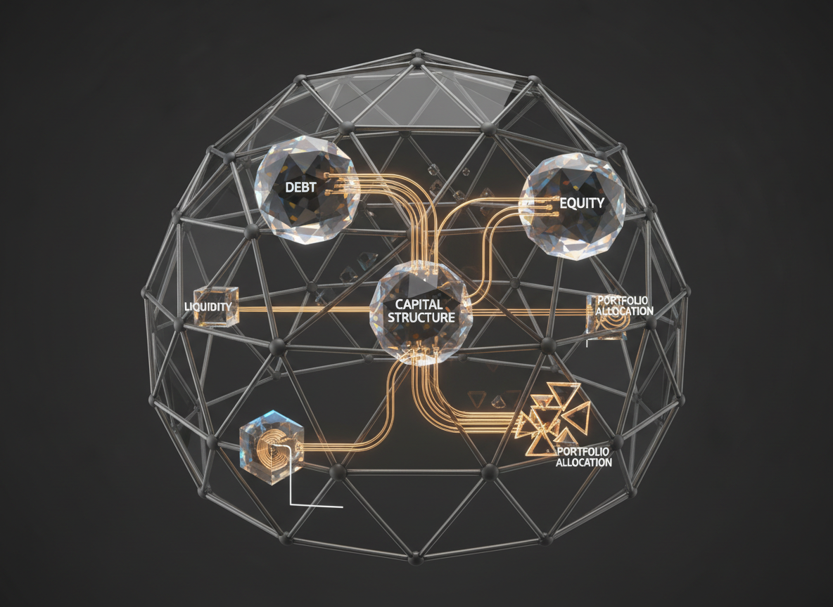 Capital structure and risk management network with debt, equity, liquidity and gold allocation pathways