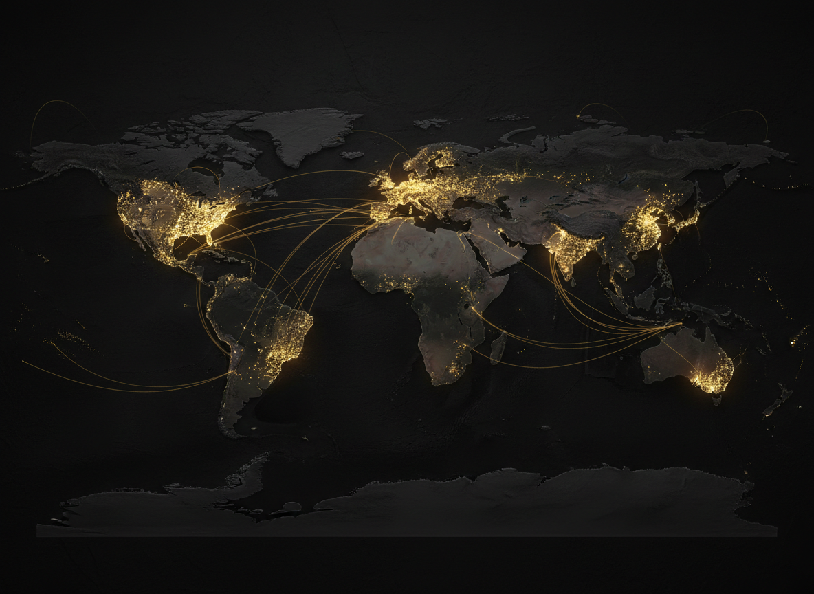 Economic geography visualization with regional clusters, city nodes and gold trade corridors