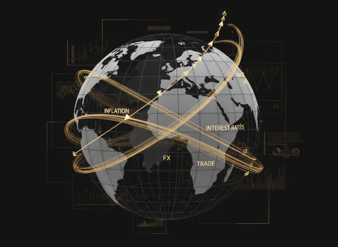 Macroeconomic data globe with gold inflation, rates, FX, trade and capital-flow trajectories