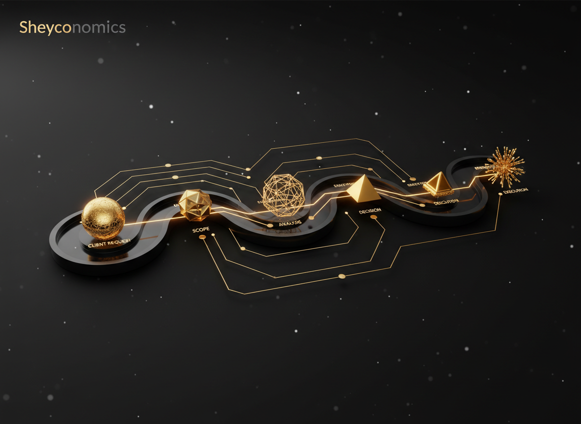 Advisory engagement flow with gold decision stages on a dark background
