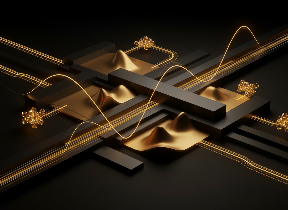 Financial economics visualization with yield curves, risk-return surfaces and gold capital-market flows