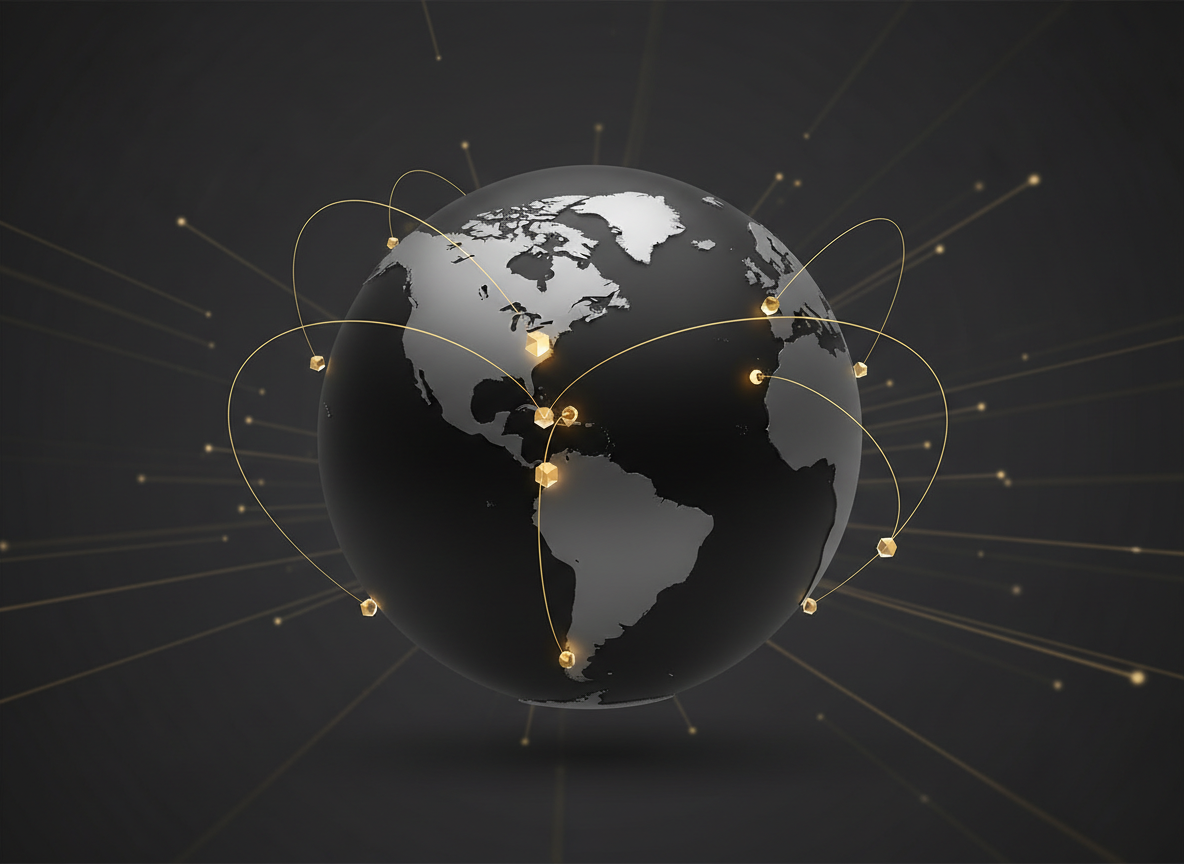 Global advisory network with gold cross-border connections on a dark globe