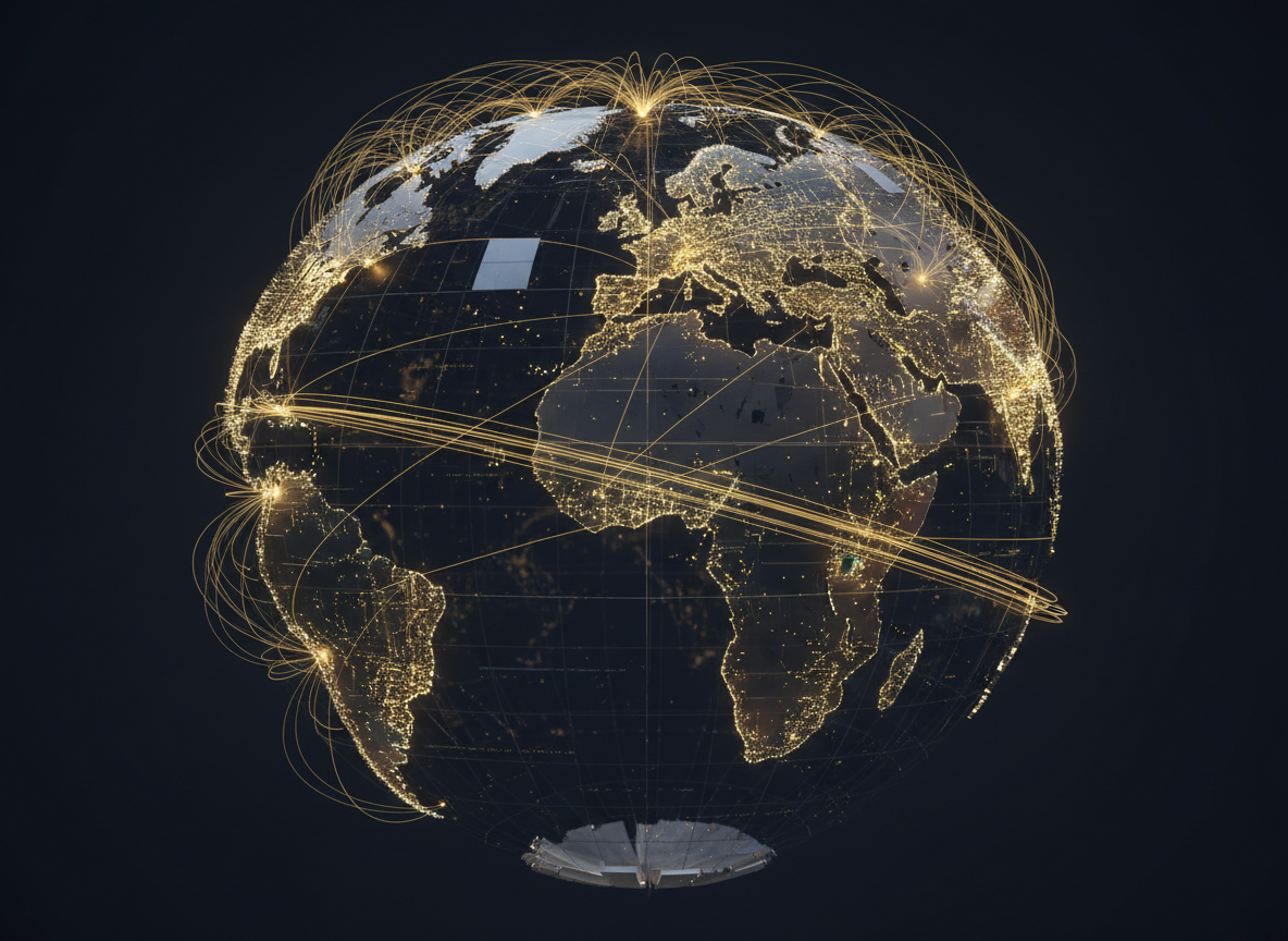 International trade and development network with gold trade corridors and emerging-market hubs