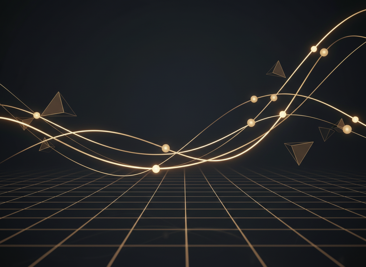 Investment and finance intelligence visualization with valuation curves and capital allocation nodes