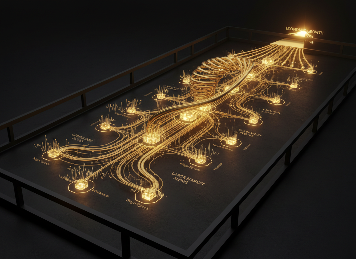 Labor and growth visualization with employment, productivity and wage nodes connected by gold economic flows