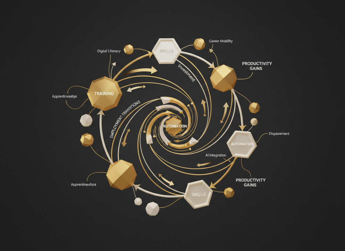 Labor productivity network with skills, training and employment transition nodes in gold on dark background