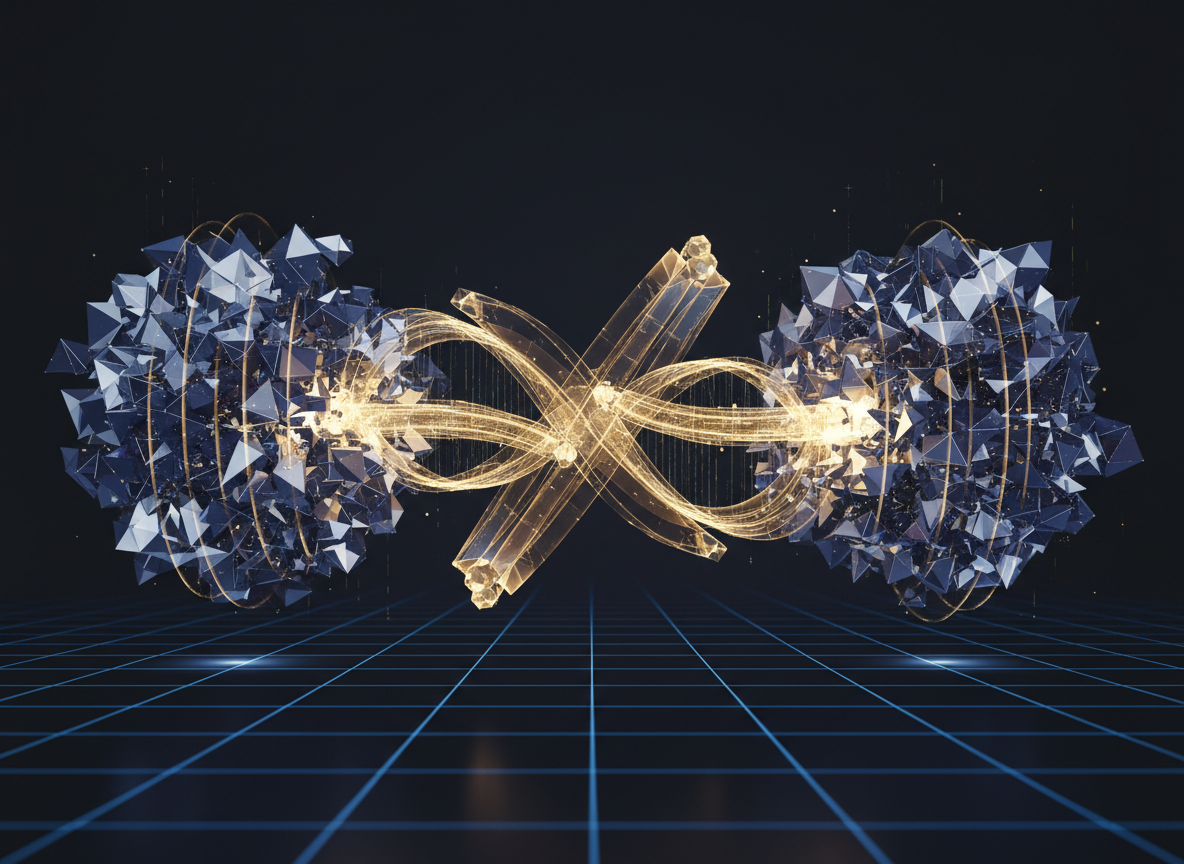 M&A visualization showing two business systems converging through gold transaction and synergy pathways