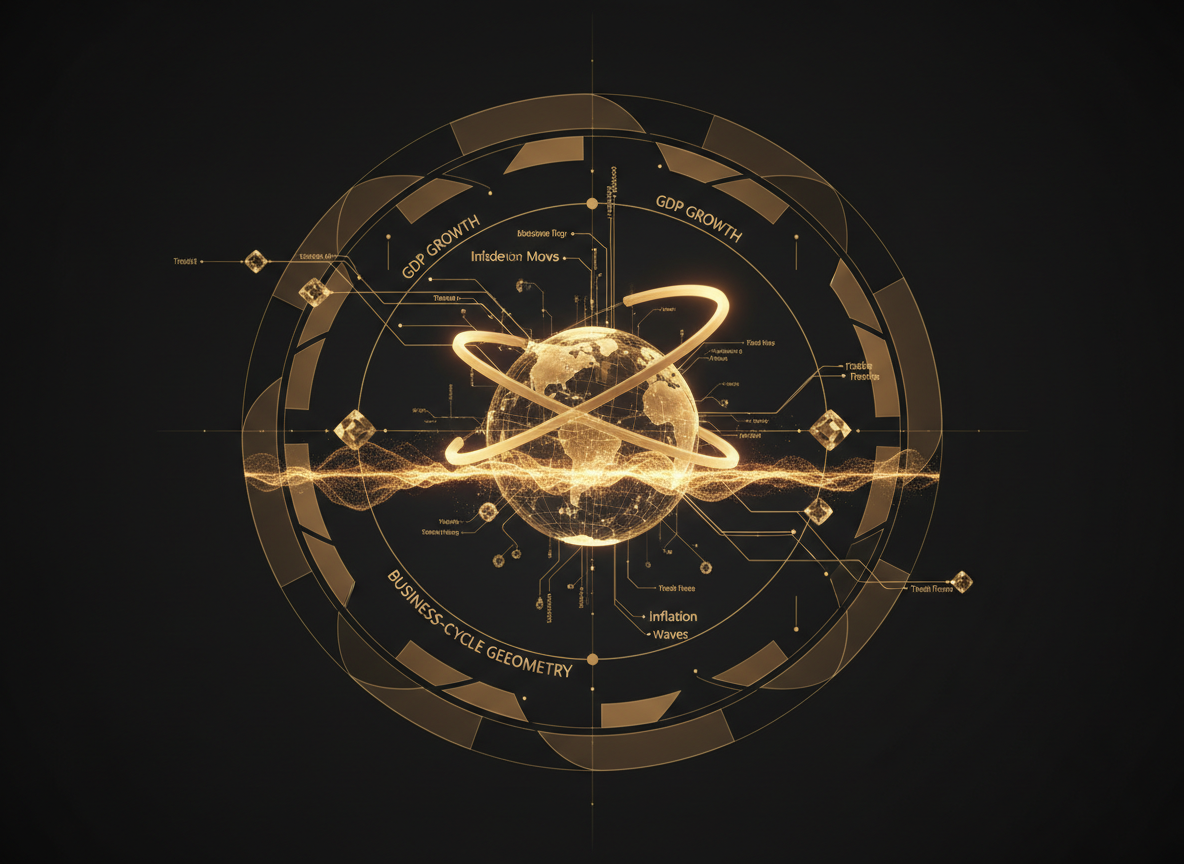 Macroeconomic system with growth, inflation, policy and trade flows in gold on a dark background