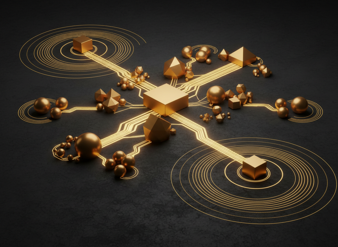Microeconomic market-structure visualization with firms, demand nodes and gold pricing signals