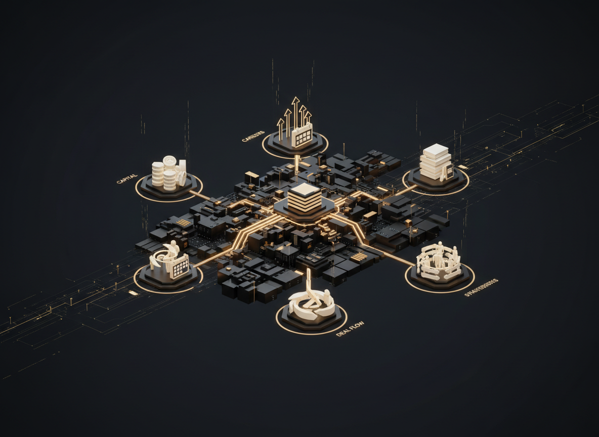 Private-markets resources ecosystem connecting capital, careers, events and deal-flow nodes in gold