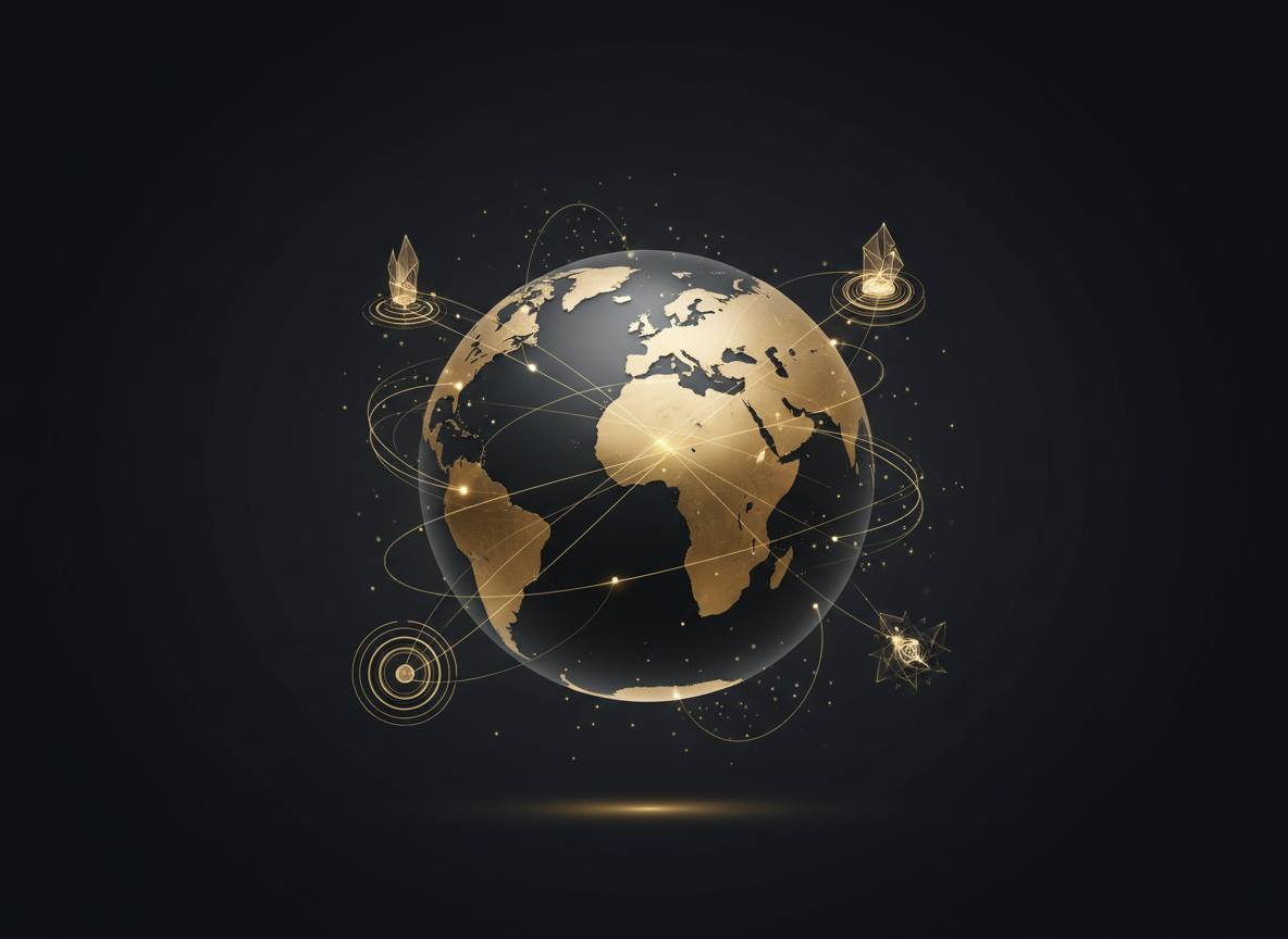 High-tech global procurement and supplier network visualization with gold data connections on a dark background