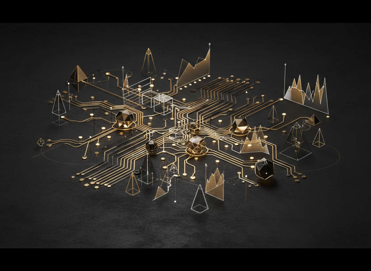 Research and market intelligence visualization with data streams and gold analytical nodes