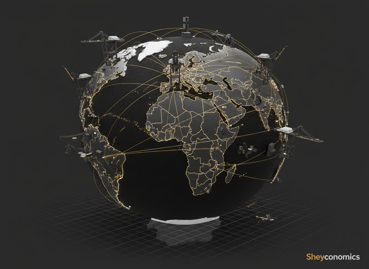 Global supply-chain network with logistics routes, supplier nodes and inventory hubs in gold on dark background