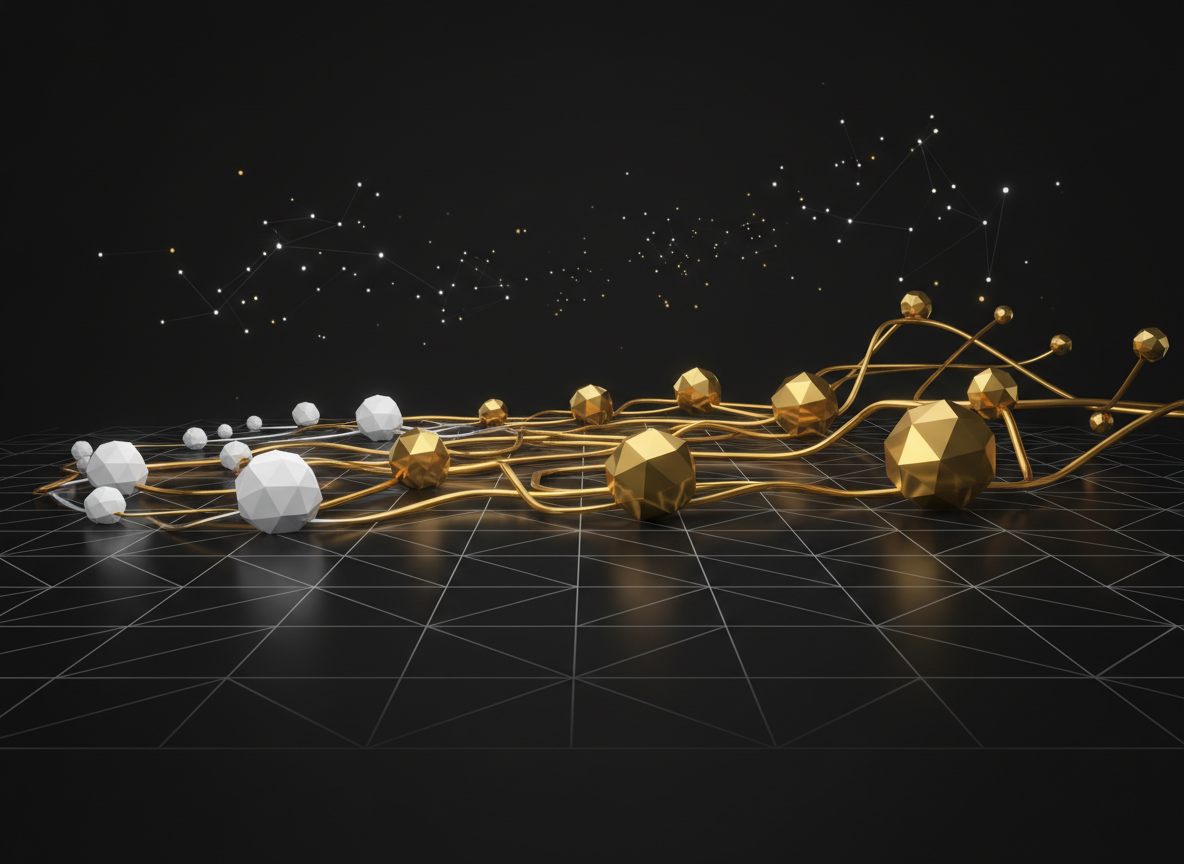 Venture capital deal-flow network with startup and investor nodes connected by gold pathways